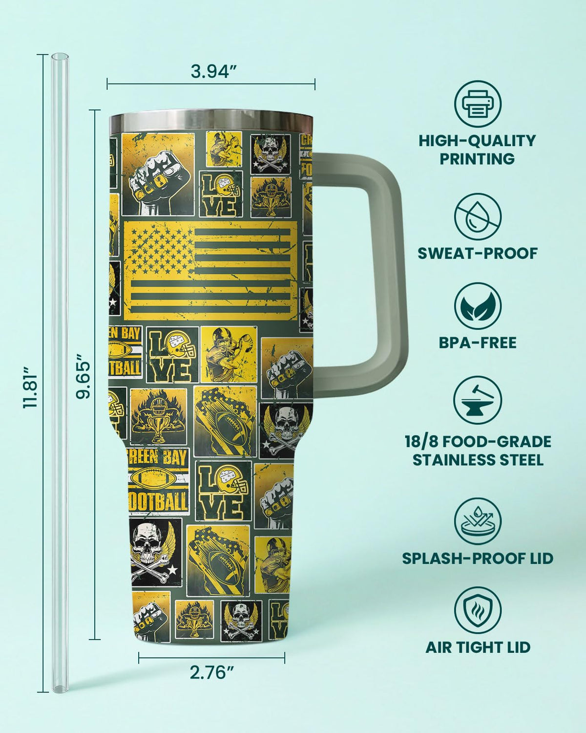 fat mummy Football Fan 40oz Insulated Tumbler With Handle And Straw, Stainless Steel Travel Cup, Double Wall Vacuum Water Bottle For Hot And Cold Drinks, Birthday Gift Fathers Day