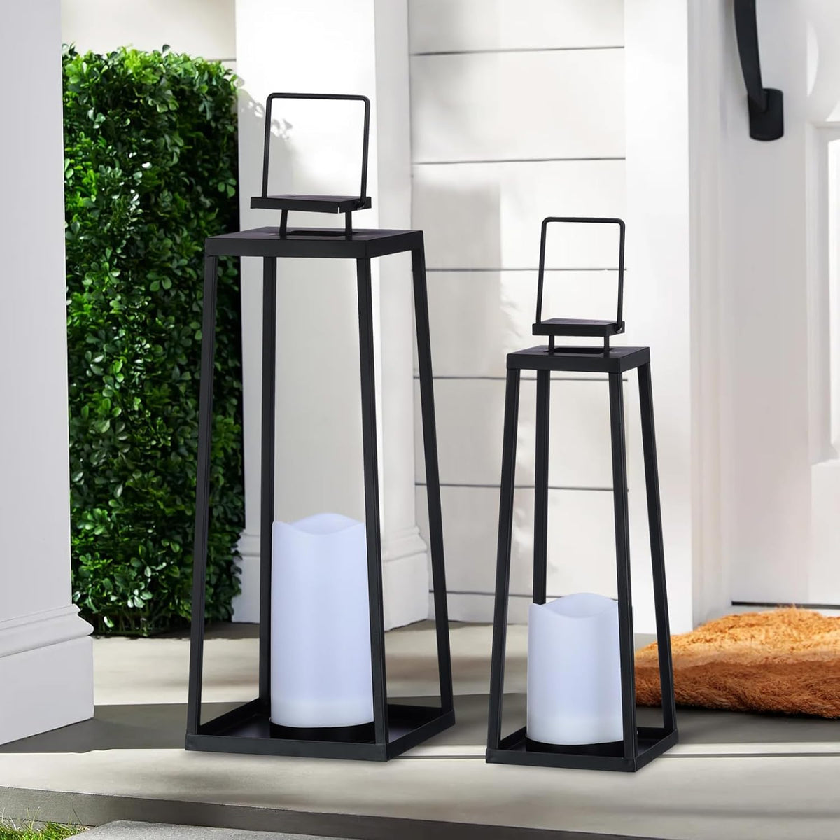 Skiennix Solar Lantern Set of 2 - Modern Black Metal Lanterns with Solar Candles for Outdoor Decor | 18” & 15”