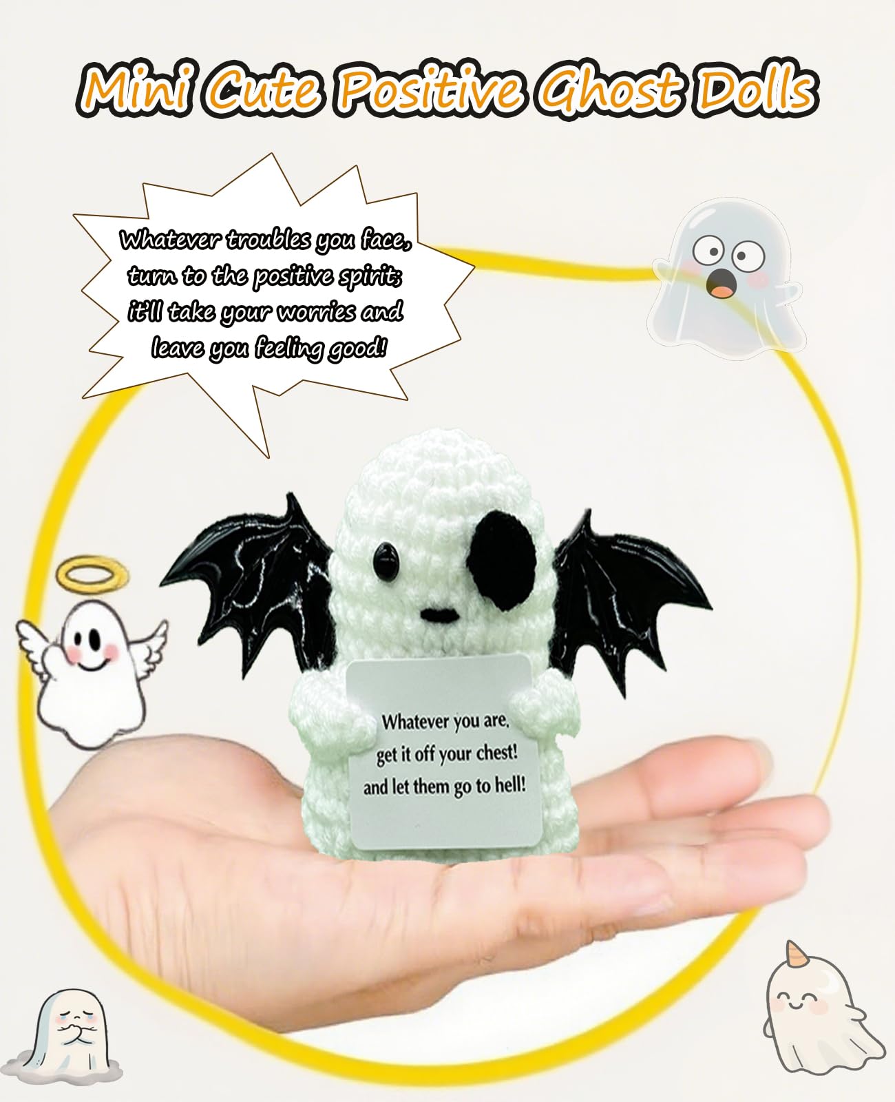 2 Packs Cute Crochet Gifts Decor for Men Women Kids, Positive Crochet Animals Emotional Support Handmade Mini Ghost Dolls with Positive Cards Basket Stuffers for Desk Home Decor