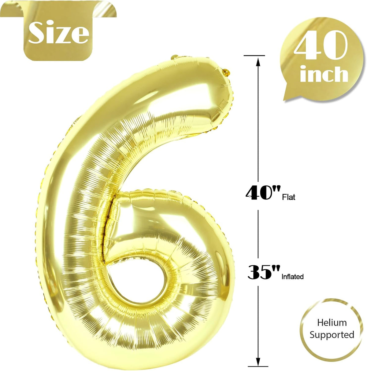 Light Gold Number 6 Balloon - 40 Inch Giant Foil Balloon for 6th Birthday Party Decorations