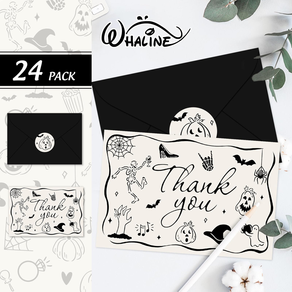 Whaline 24 Pack Halloween Thank You Cards Black Skeleton Pumpkin Ghost Thank You Greeting Note Card with Envelope Sticker for Birthday