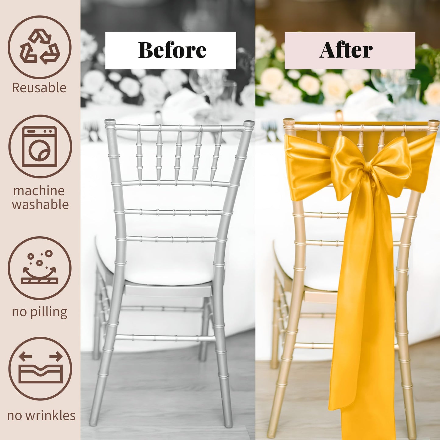 WASIRL Satin Chair Sashes Bows 50 pcs Chair Ribbon Sashes for Wedding Party Reception Events Banquets Hotel Event Chairs Decoration（Gold 7x108 inch）