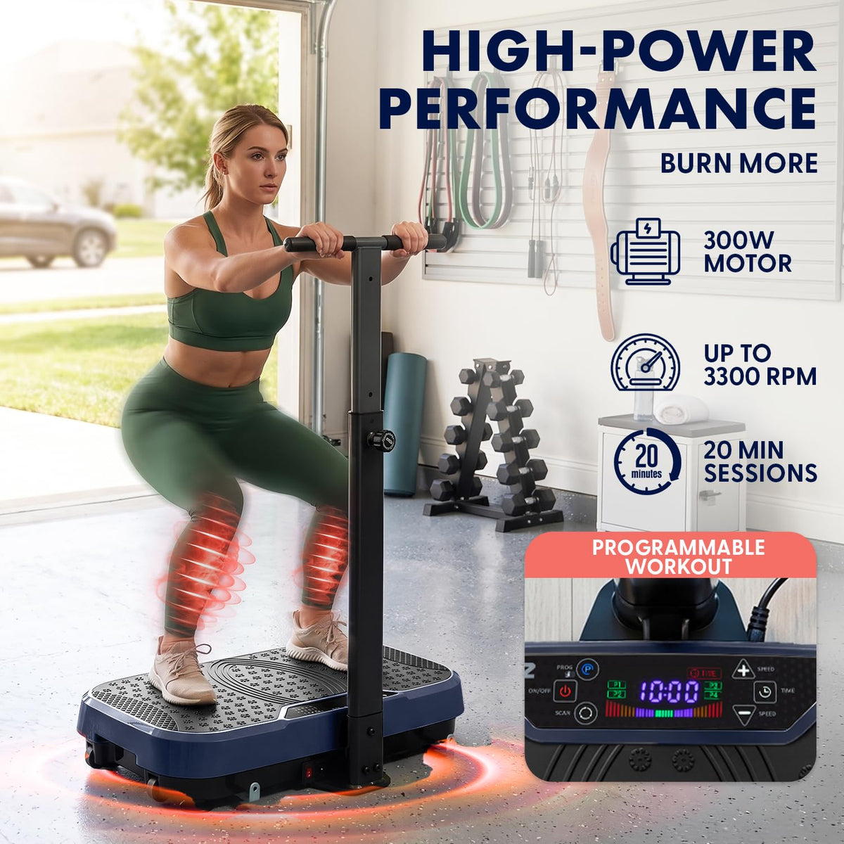SQUATZ Vibration Plate Exercise Machine with Handlebar, Vibration Plate with Handles, 1-99 Speed Levels, 10 Preset Programs, Low-Impact Home Fitness Platform with Remote, Portable Design, Blue