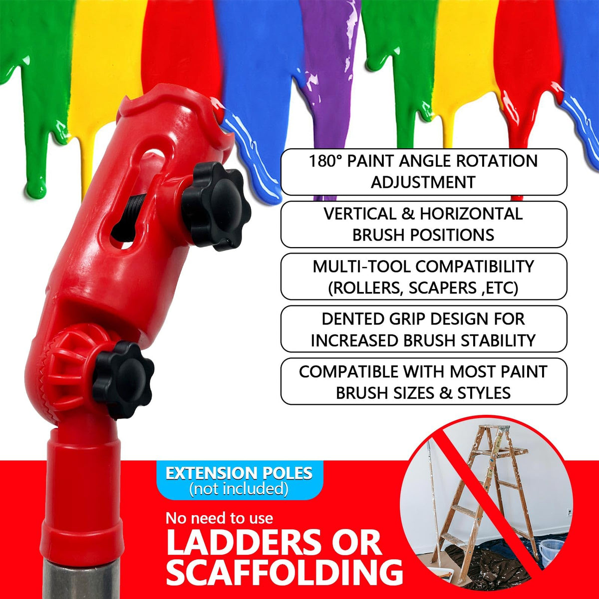 WYXDSDEV Multi-Angle Paint Brush Extender Red, Paint Edger Tool for High Ceilings, Extension Pole Attachment Holder for Paint Brush,Roller, Scraper, Rotating Head, Paint Pole Extension Device
