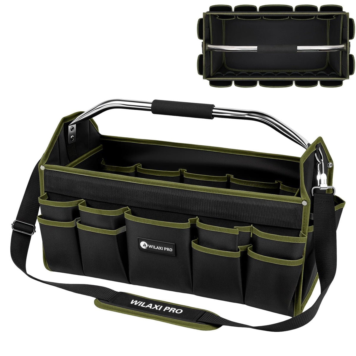WILAXI PRO 20in Foldable Open Top Tool Bags For Men Heavy Duty, Tool Carrier hard With Handle, Wide Mouth Electrician Tool Tote, Many Pockets Can Hold Many Tool, Green