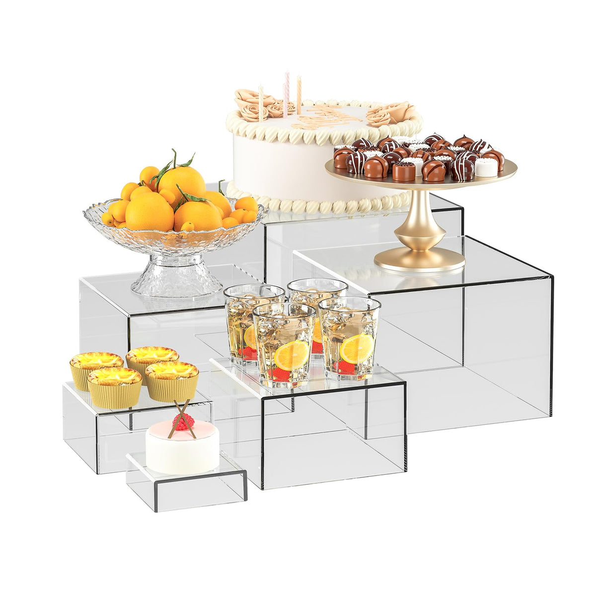 OKBHTS 6 Pcs Clear Acrylic Boxes for Display as Buffet Risers and Stands, Food Risers for Party, Table, Stands, including 8", 7", 6", 5", 4", 3" (Small, 6Pcs, Clear)