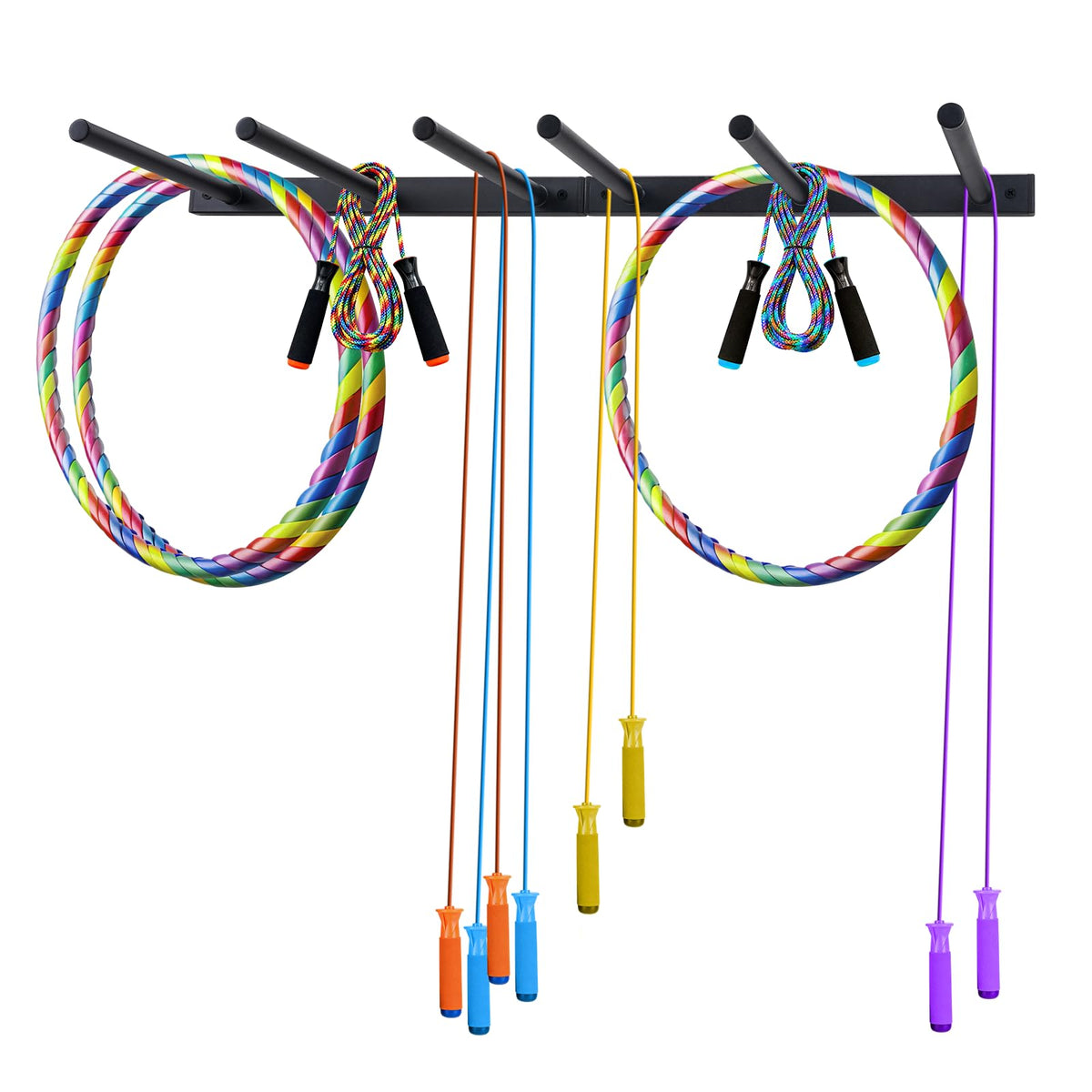YOVXKAN Wall Mounted Jump Rope Rack - 6 Peg Heavy-Duty Metal Gym Organizer for Resistance Bands, Hoops, and Ropes - Black Finish - Home/Gym Storage