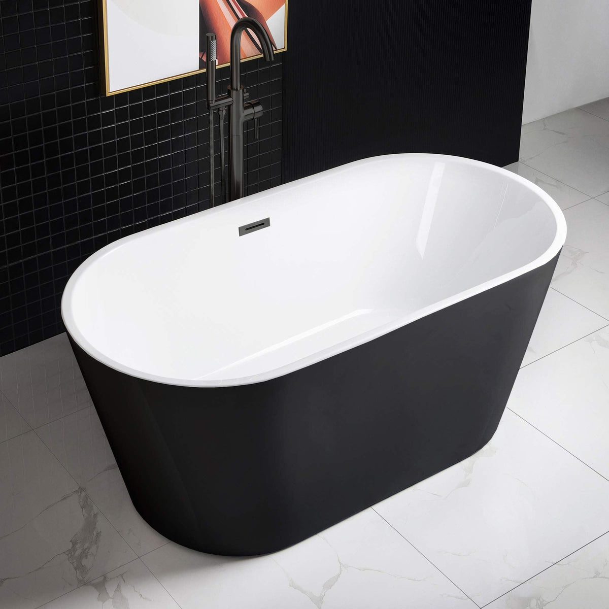 WOODBRIDGE 59" Acrylic Freestanding Bathtub Contemporary Soaking Tub with Matte Black Overflow and Drain,Black