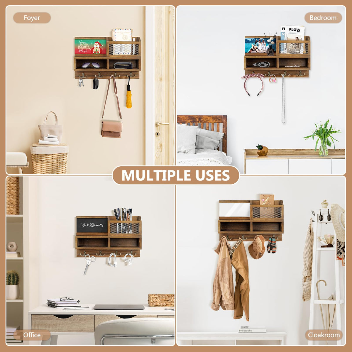 HOMEBROS Key Holder Wall Mount, Wooden Mail and Key Organizer with Chalkboard and Mirror, 3 Greeting Cards, 8 Hooks, Brown