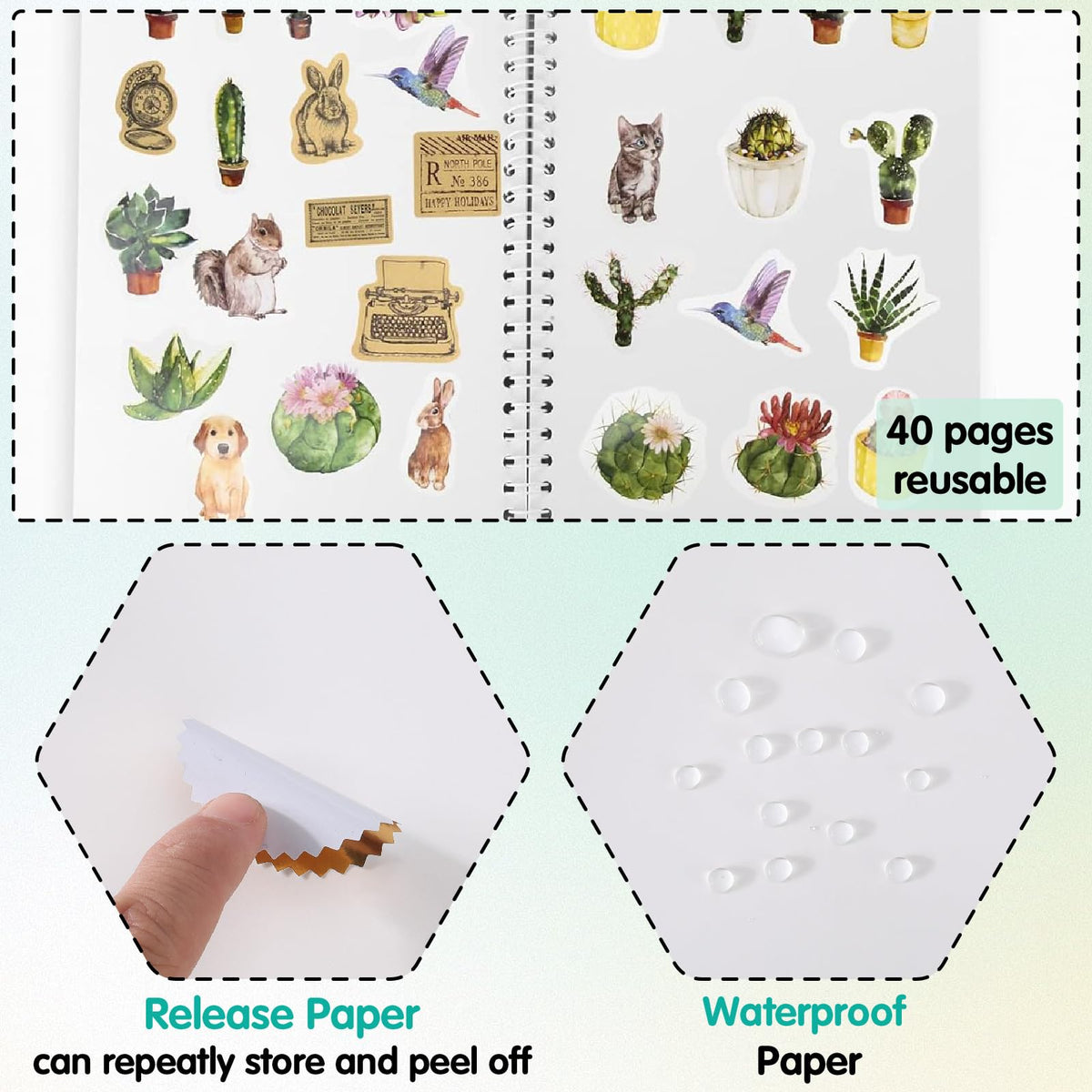 CRASPIRE 40 Sheets Reusable Sticker Storage Book Album A5 Size Blank Sticker Album Organizer Moth Insects Cover Waterproof Release Paper with Scraper Tweezer for Label