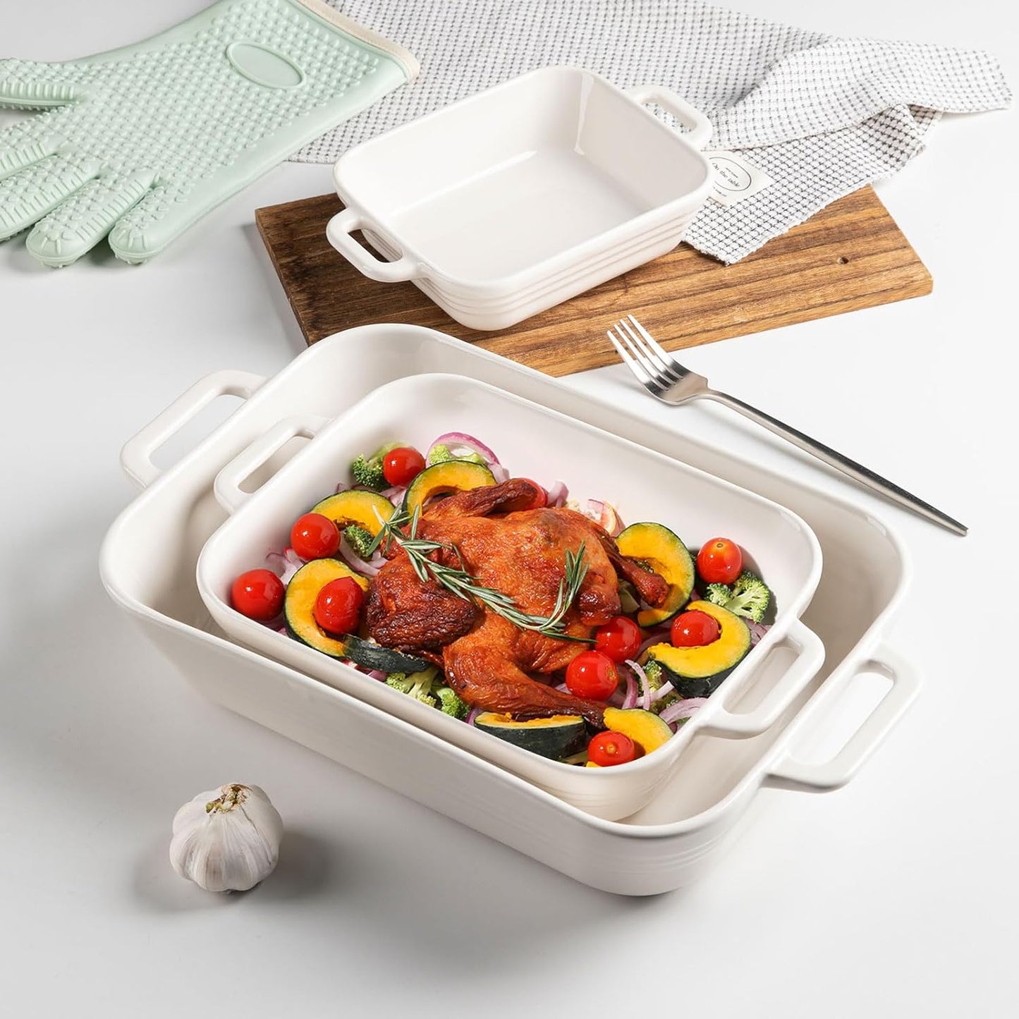Sweejar Casserole Dishes - Ceramic 9x13 Baking Pans Set for Cooking & Baking | White Porcelain Lasagna Pan with Handles