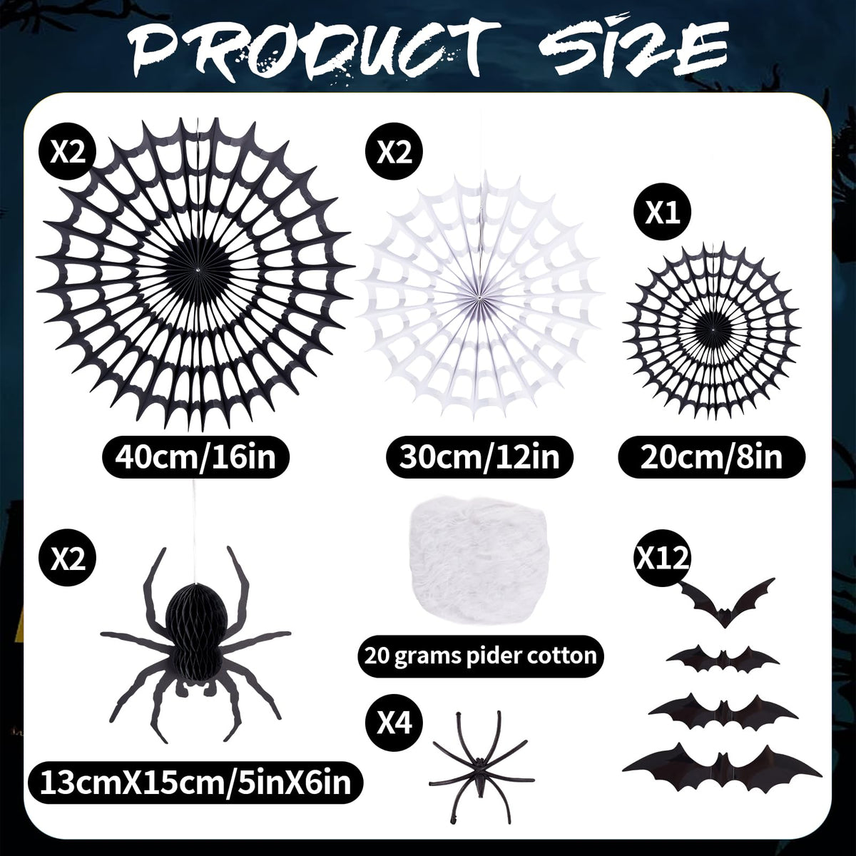 Spider Webs Halloween Decorations with 5 Black White Paper Fans, 6 Fake Spiders and 12 Bat Wall Stickers for Wall Indoor Outdoor Halloween Party Decor