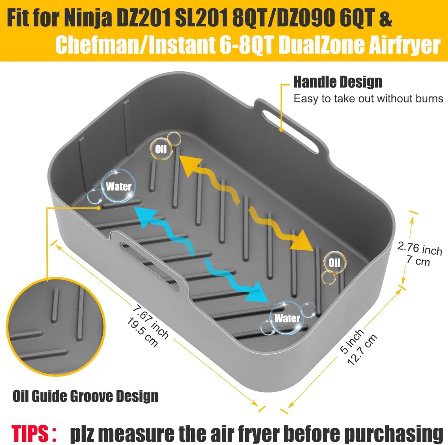 Skiennix Air Fryer Silicone Liners - Non-Stick & Easy to Clean | 2 Pcs | Gray for Ninja Foodi 8QT & 6QT