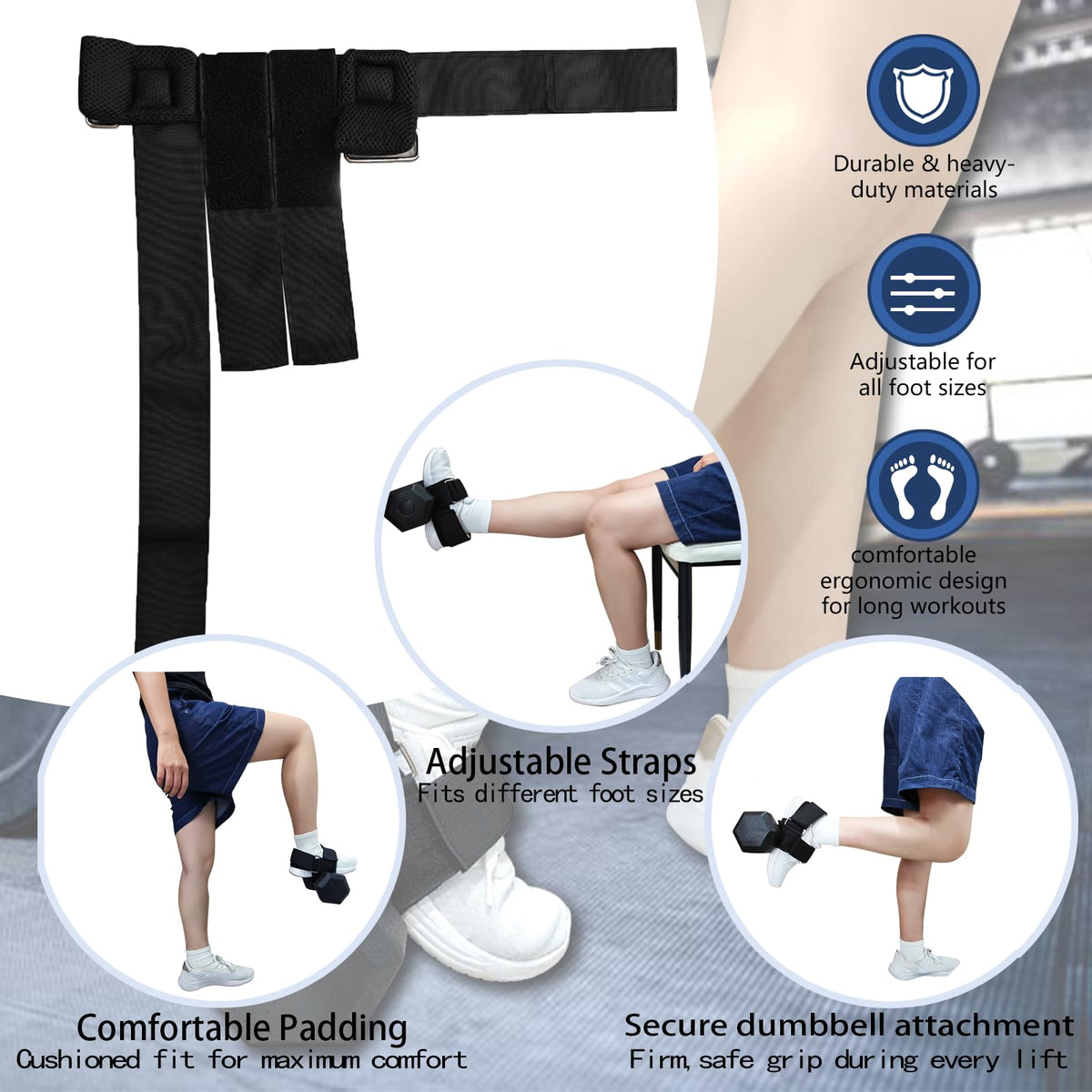 Dumbbell Foot Attachment, Ankle Strap for Dumbbell, Hamstring Curl, Foot Weights for Exercise, Leg extensions, Portable Leg Workout Fitness Accessory, Adjustable Leg Weights