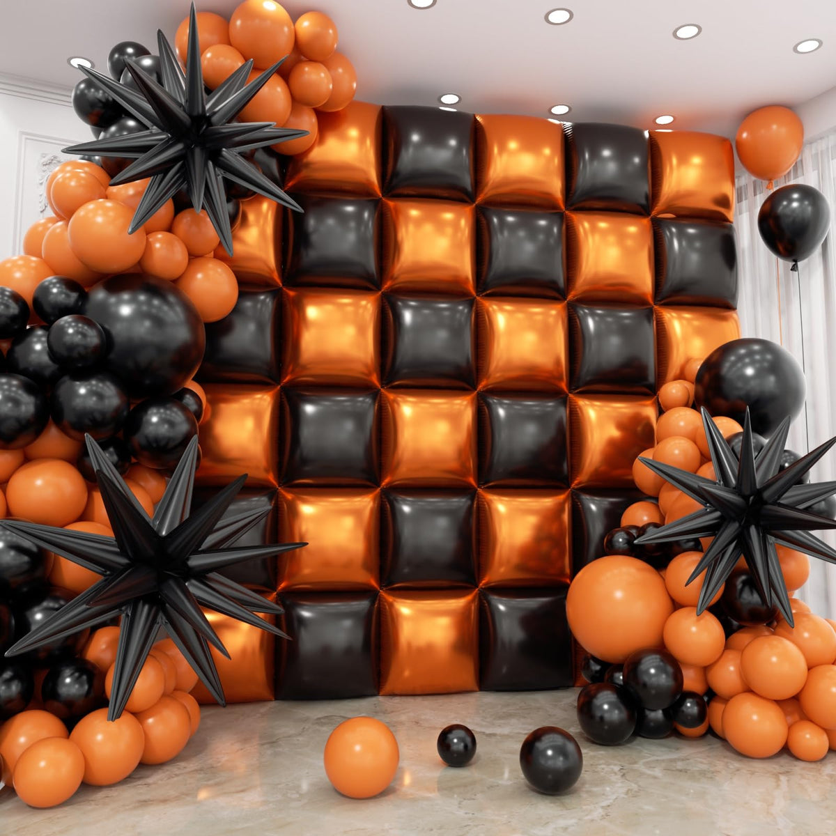 HKYOOD 36pcs Black and Orang Square Foil Balloons Wall Backdrop with 147pcs Balloon Garland Arch Kit, Double Sided Balloons for Halloween Graduation Birthday Anniversary Baby Shower Party Decorations