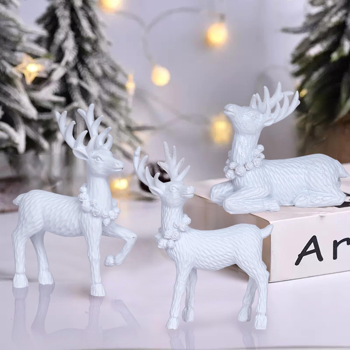 White Christmas Reindeer Decor Set of 3 Resin Standing Deer Figurines Elk Sculpture Christmas Figurine Centerpieces for Home Tabletop Shelf Elegant Xmas Deer Statue Artificial Animal Table Decorations