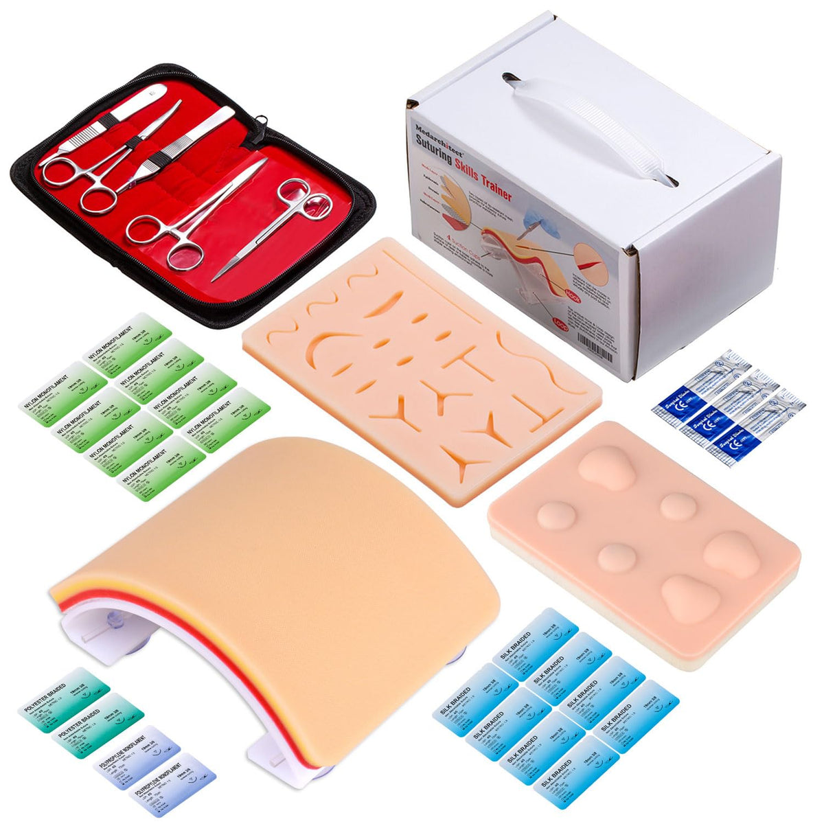 Medarchitect Premium Suturing Skill Trainer Including DIY Incision Suture Pad with Hook & Loop Replacement Design, 19 Pre-Cut Wounds Pad & Complete Tools for Advanced Suture Skill Practice