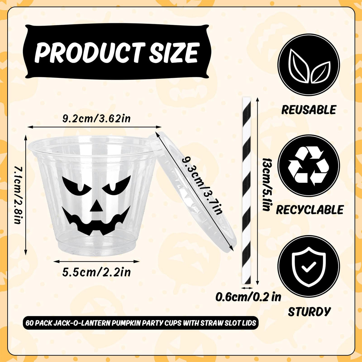 Whaline 60 Pcs 9 Oz Halloween Disposable Plastic Cups with Lids and Straws Black Evil Pumpkin Face Cold Beverage Drinking Cup for Trick or Treat Birthday Party Supplies