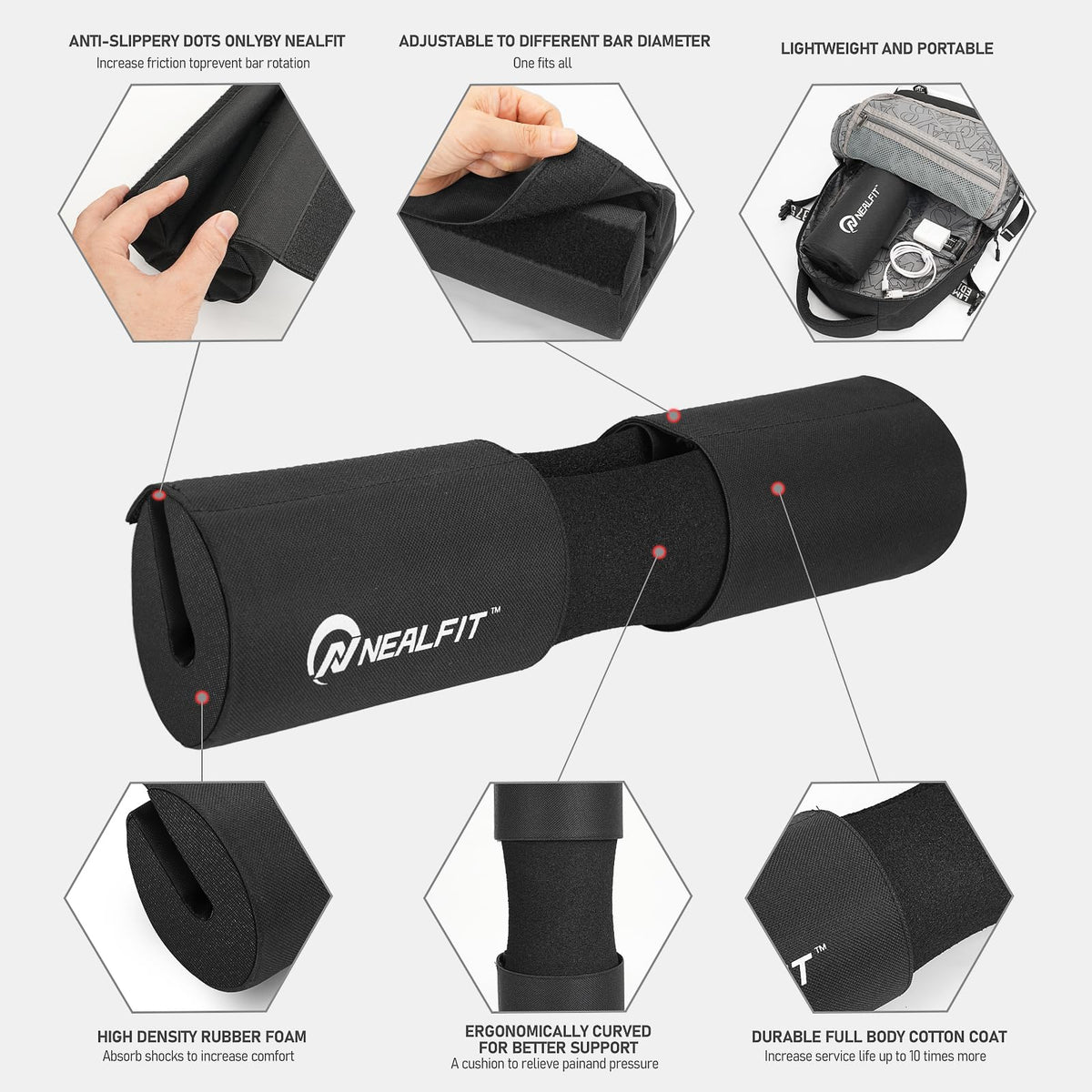 NEALFIT Barbell Squat Pad with Thick Nylon Padding, Hip Thrust Pad for Squats, Lunges, Neck Shoulder Squat Pad for Olympic or Standard Bars (Black)