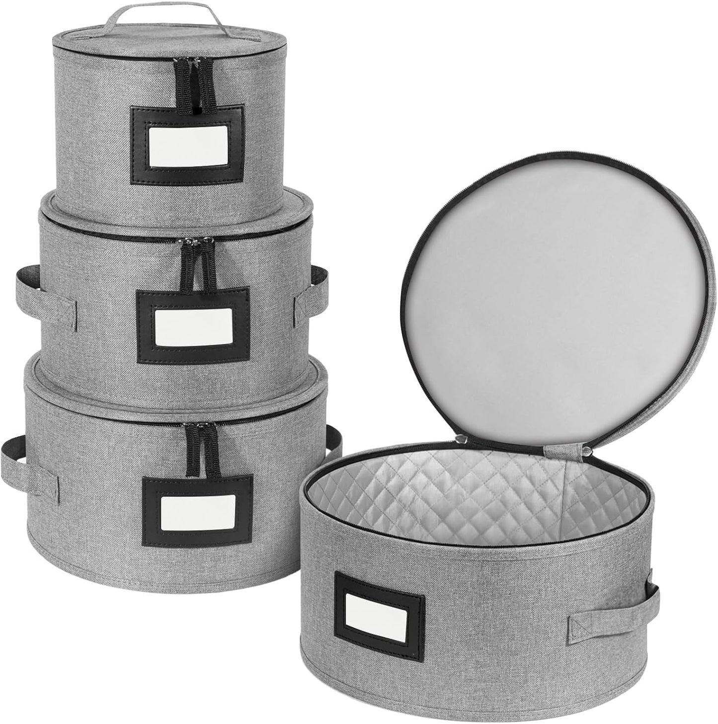 BALEINE Quilted Wine Glass Storage Containers - Sturdy Plate Organizer with Carry Handles | Hard Shell Grey