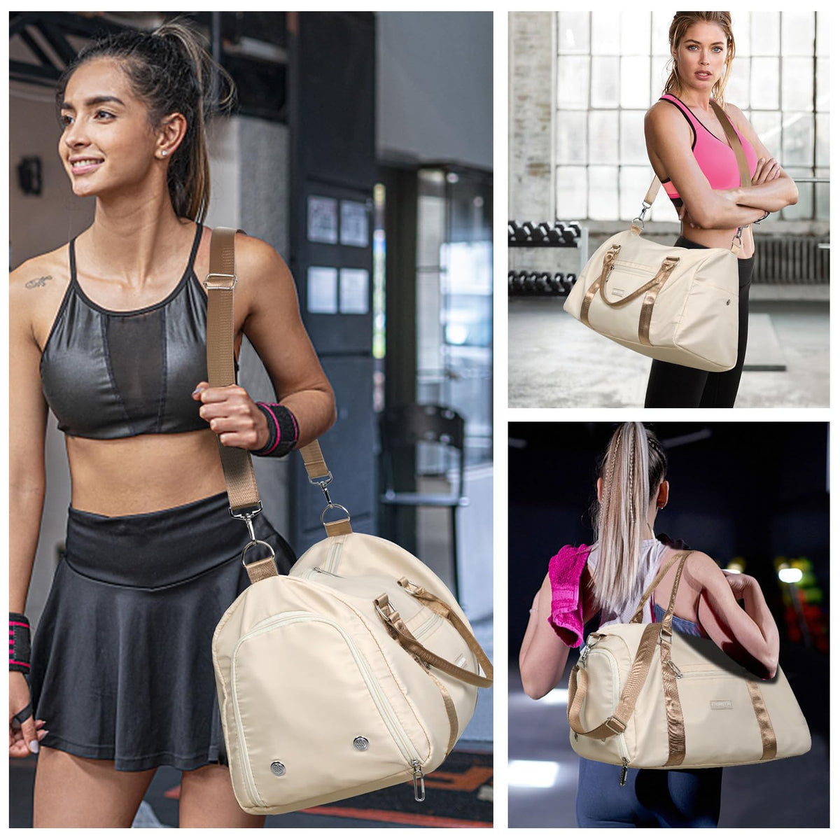 FIORETTO Womens Gym Tote Duffle Bag with Toiletry Bag, Sports Duffel Overnight Hospital Workout Carry on Bag for Girls with Wet Pocket & Shoe Compartment, Ideal for Travel, Swimming, Beige & Brown