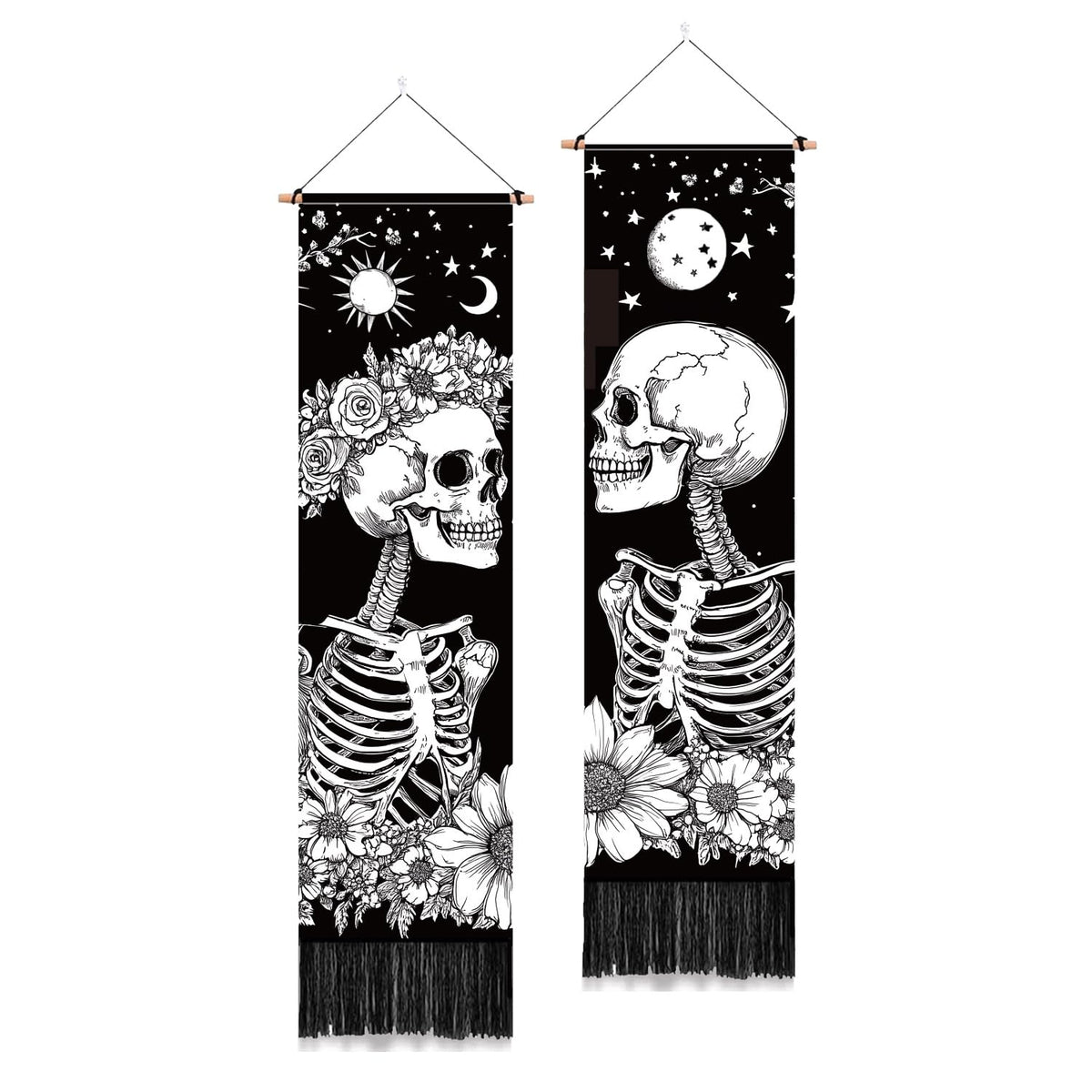 PLIGREAT 2 Pack Skull Long Tapestry Aesthetic Black and White Skeleton Wall Hanging with Tassels Sun Moon Tapestry for Bedroom Bathroom Living Room Long Narrow Wall Hanging Home Art Decor
