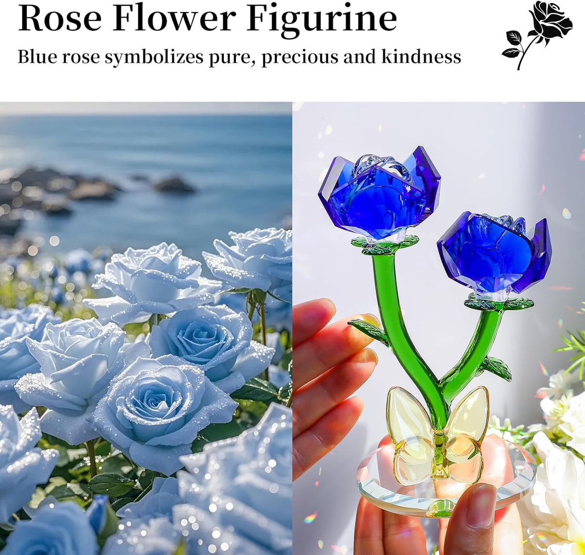 LONGWIN Crystal Blue Rose Figurine - Elegant Glass Flower Bouquet Home Decor Gift for Women