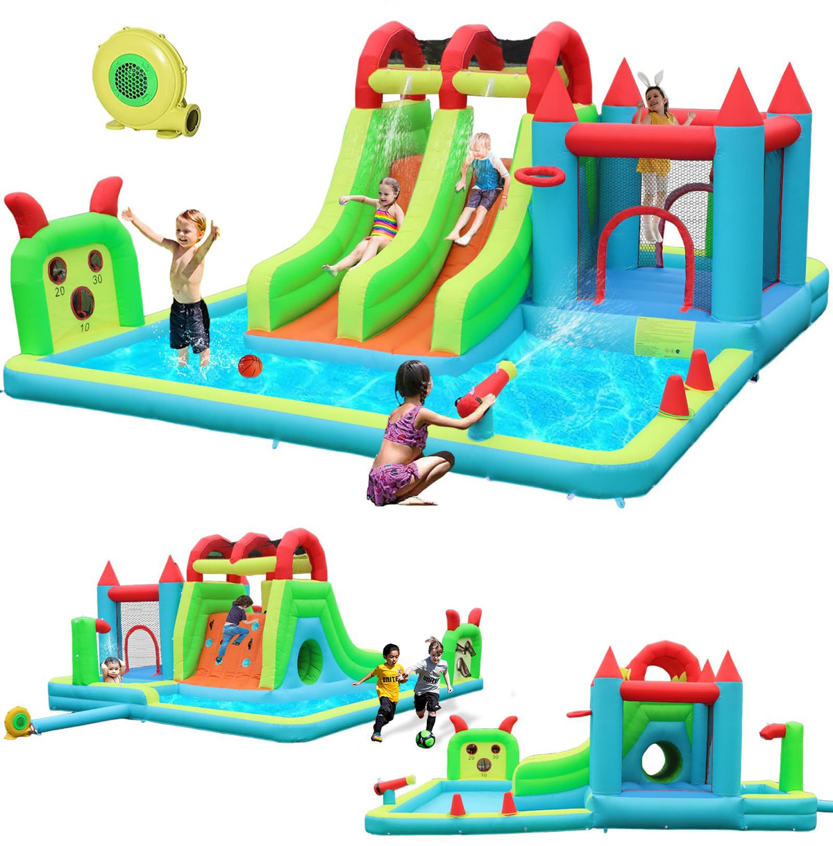 JOOLOOG Inflatable Water Slide Park 18x15FT Mega Water Park Bounce House w/Double Waterslide Large Splash Pool, Deep Pool, Shower,Water Cannon,Climbing Wall and Jumping Bouncer for Backyard Outdoor