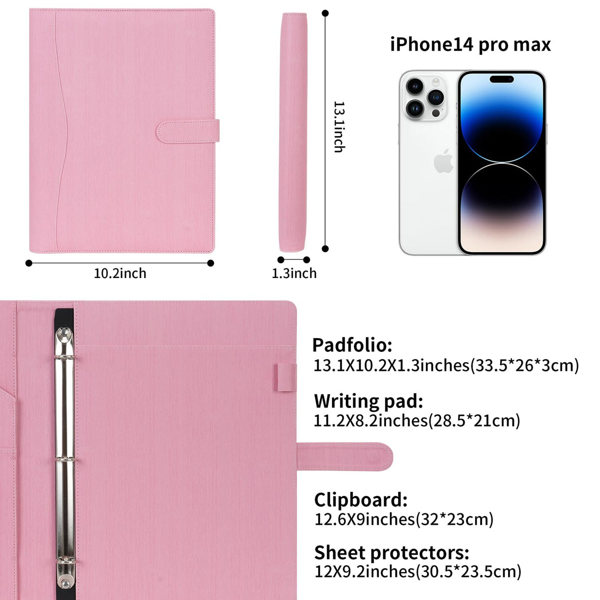 Wonderpool A4 PU Leather Portfolio Holder Ring File Document Case with Removable Binder Clipboard, Multi Pocket and Legal Pad for Business Organizer Interview and Meeting (Pink)