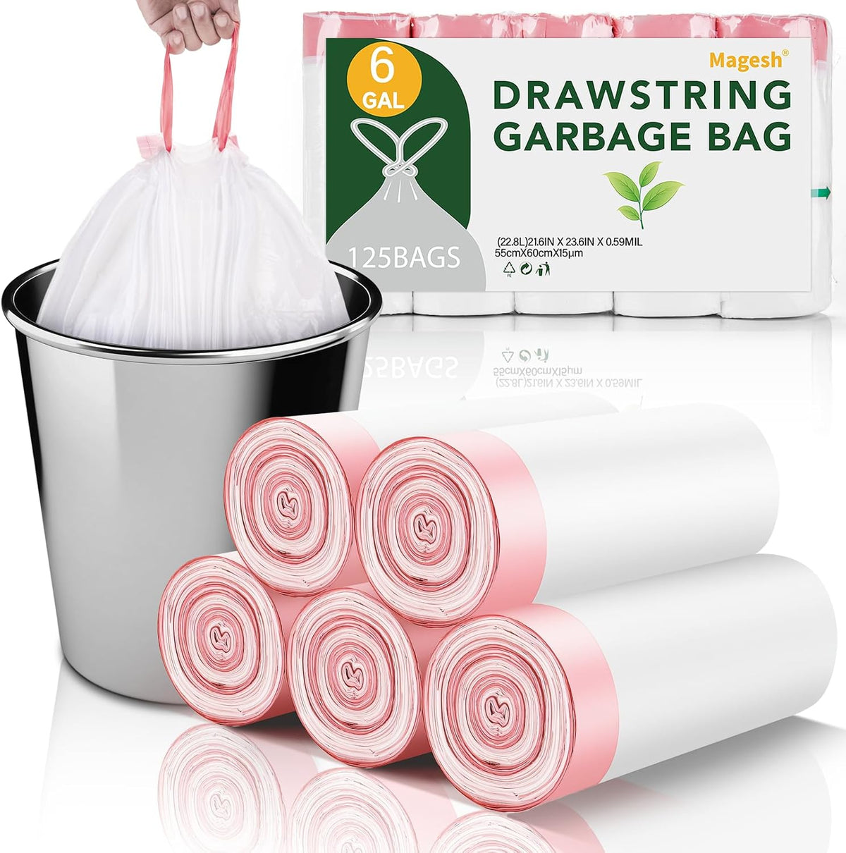Magesh 6 Gallon Drawstring Trash Bags - Unscented White Kitchen Garbage Bags, 125 Count, Strong & Thick