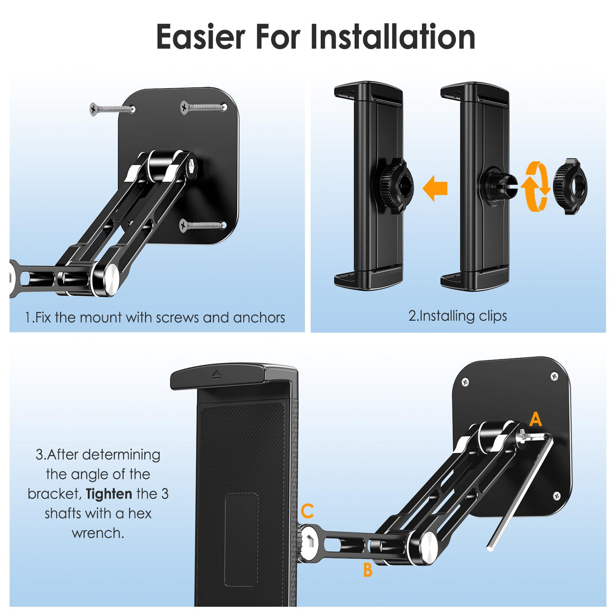 Lucrave Tablet Wall Mount Holder, Aluminium Extendable iPad Wall Holder, with 360°Rotating Base Adjustable and Foldable for iPad Pro Air Mini, Galaxy Tab, All 4.7-13" Phones and Tablets