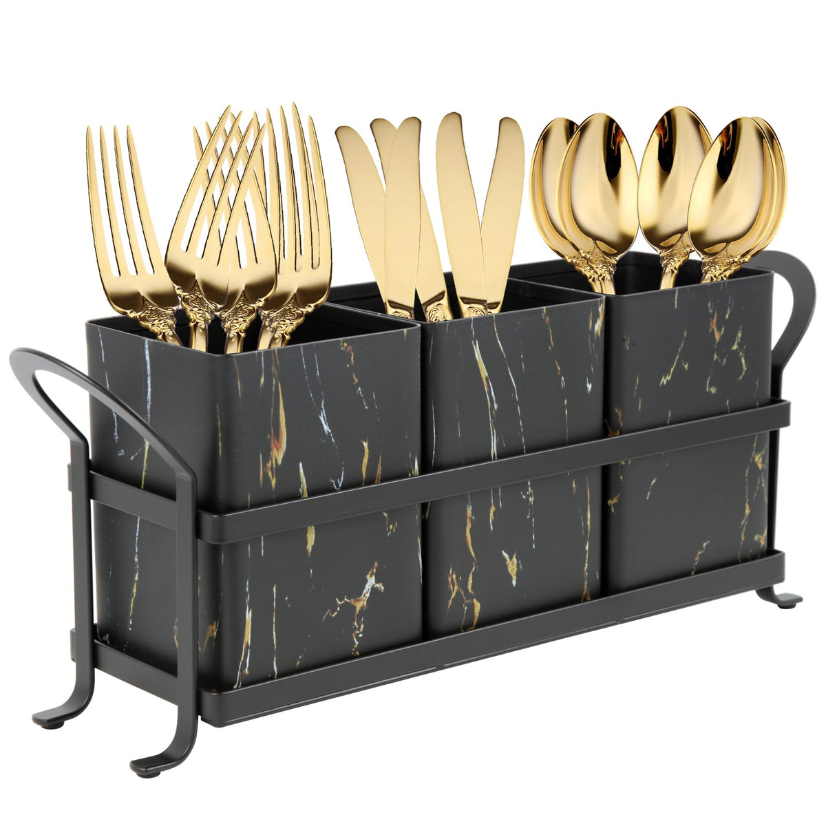 NelyBet Kitchen Utensil holder for Countertop, Silverware Caddy,Golden Marble Black Flatware Holder Utensil Cutlery Organizer for Party Gatherings, Metal and Durable Design