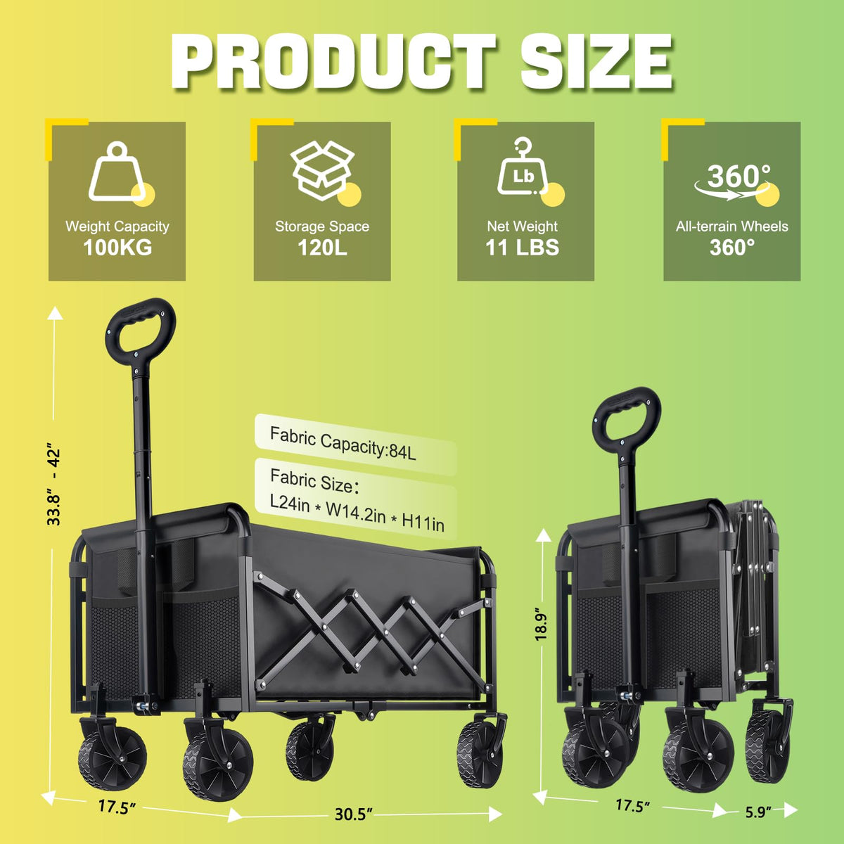 100KG Collapsible Foldable Wagon Carts - Heavy Duty Portable Folding Utility Wagons with All-Terrain Wheels for Grocery Sports Shopping Camping Garden Beach, 2 Drink Holders/Lightweight/Black