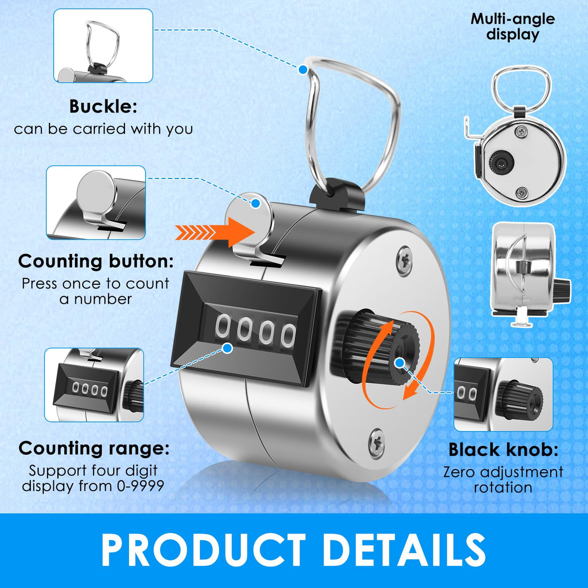 TMWEFUSC 20 Pack Clicker Counter， 4-Digital Metal Handheld Tally Counter， Hand Counter Clicker with Hanging Hook Pitch Counter for School Sport Event,Coaching Counting Numbers