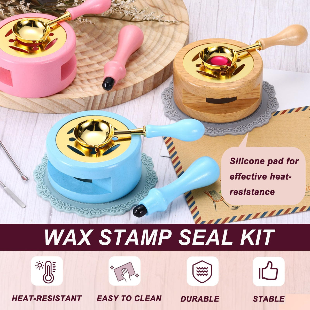 PATIKIL Wax Stamp Seal Kit, Wax Seal Kit Include Sealing Warmer, Melting Spoon, Silicone Pad, Retro Melt Stove Pot Furnace Tool for Envelope Letter Mailing Crafts DIY, Light Green/Green