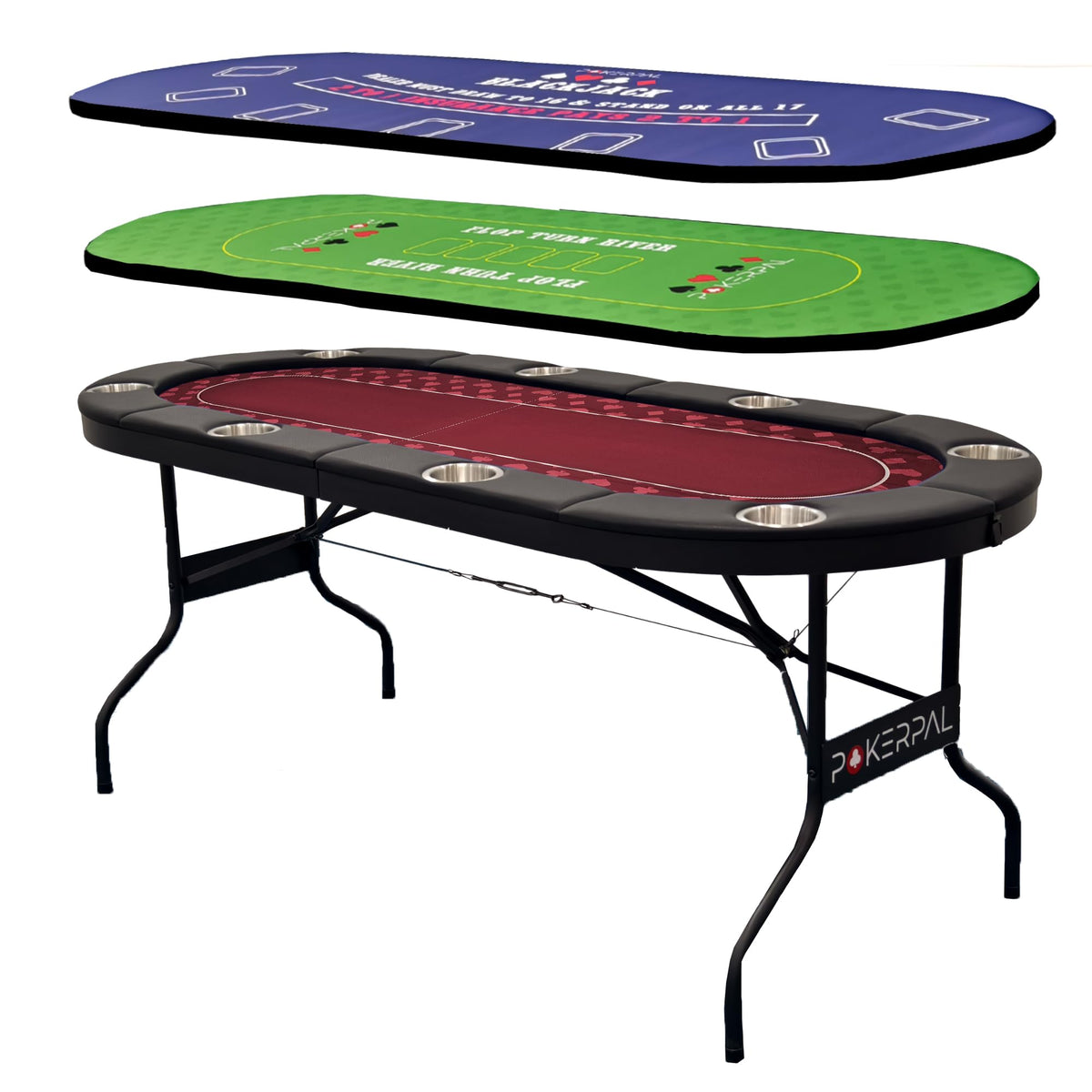 8 Player Poker Table with 2 Interchangeable Game mats, Texas Holdem and Blackjack, Collapsible Casino Table with Padded Rails and XXL Cup Holders for Wine and Whiskey Glasses, (71 in) - Burgundy
