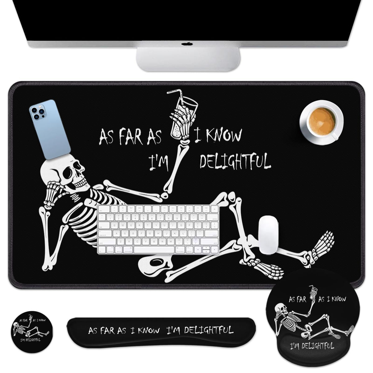 Britimes Black Skull Skeleton Keyboard Mouse Pad Set 4in1 Large Mousepad+Keyboard Wrist Rest+Mouse Wrist Rest+Coaster Set with Ergonomic Design for Home Office Computer 35.4x15.7 inches
