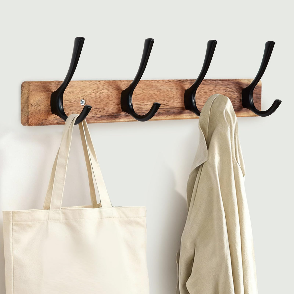 Yangbaga Coat Rack Wall Mount,Acacia Wood Coat Hooks Wall Mount,15" Wall Coat Rack with Heavy Duty 4-Double-Hooks,Hat Rack Wall Coat Hanger for Towel/Dog’s Leashes/Coat/Bag