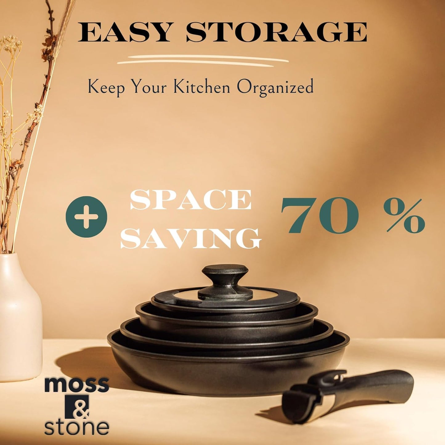 Moss & Stone Nonstick Cookware Set - 10-Piece Space-Saving Pans with Removable Handles | RV & Induction Ready