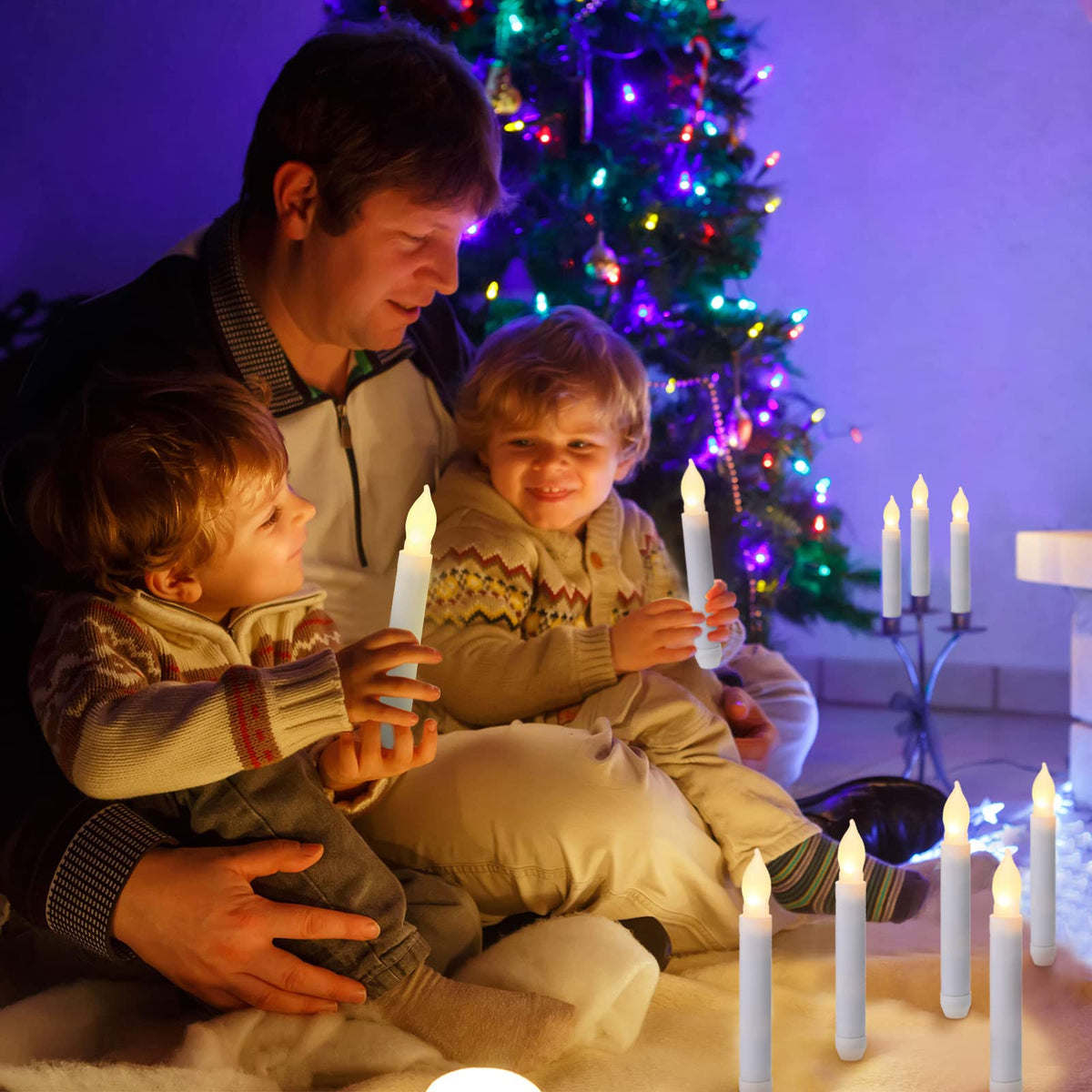 Remagr 24 Pcs Flameless LED Taper Candles for Christmas Tree, 6.5" Battery Operated Floating Candles LED Candles Handheld Flickering Flame Candlesticks with Rubber Ring for Wedding Xmas Decor