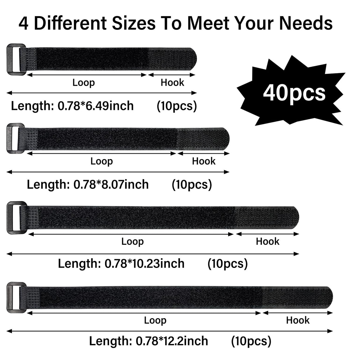 40pcs Reusable Cable Ties - 4 Sizes (6/8/10/12 Inch) - Hook and Loop Cinch Straps for Wire Management - Heavy Duty Cord Organizer & Wire Ties for Electronics, PC, Home & Office