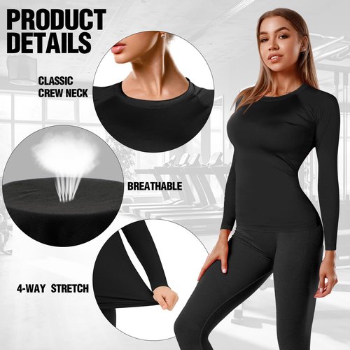Coume 4 Pack Women's Compression Long Sleeve Shirts Crew Neck Workout Tops Quick Dry Gym Running Athletic Sports Underscrubs(Light Blue Light Pink White Black,Medium)