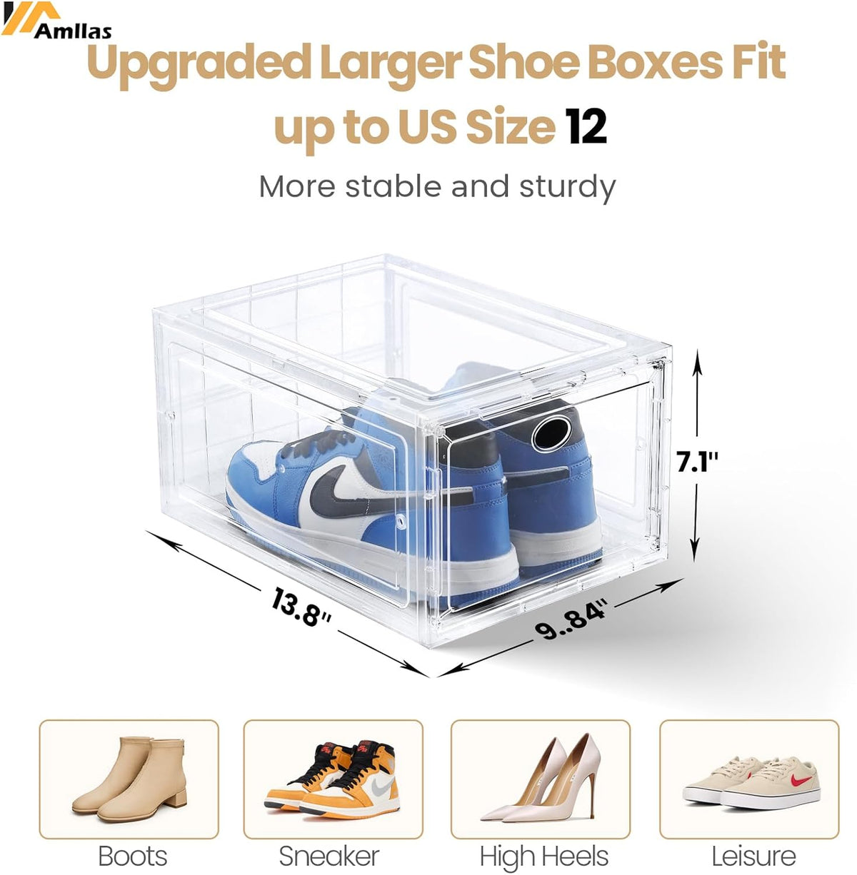 Amllas Clear Shoe Storage Boxes - Stackable & Sturdy Design | Fits Up to US Size 12 (13.8”x 9.84”x 7.1”)