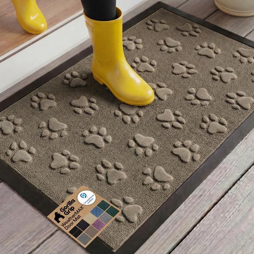 GORILLA GRIP Waterproof All-Season WeatherMAX Doormat | 35x23 Natural Rubber, Stain & Fade Resistant, Easy Clean Tan Pawprints
