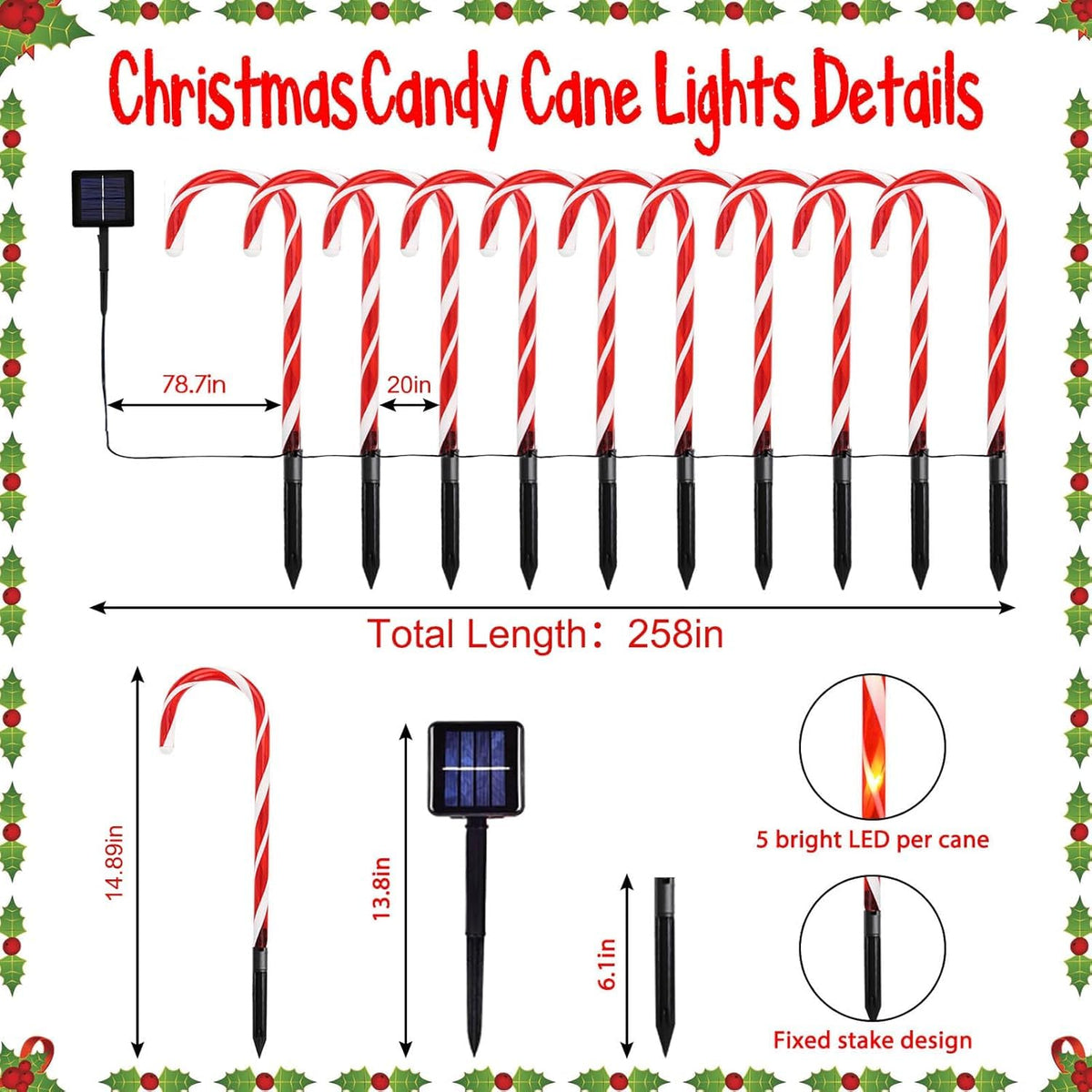 20 Pack Solar Christmas Candy Cane Lights, Christmas Decorations Outdoor Waterproof, Solar Powered Pathway Lights with 8 lighting Modes & Memory Function for Outside Party Garden Yard Patio Decoration