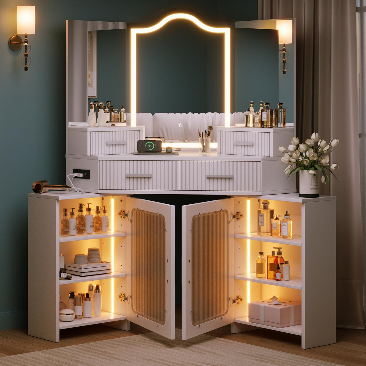Corner Vanity with Mirror and Lights, Corner Makeup Vanity with 4 Drawers & 2 Cabinets, Vanity Set with Tri-Way Mirrors and Cushioned Stool, Big Vanities with Power Outlet Perfect for Bedroom, White