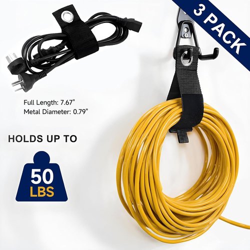 Garage Wall Hooks - 17 Pack Heavy Duty Utility Hooks with 3 Extension Cord Straps | Perfect for Ladders, Bikes, and Garden Tools