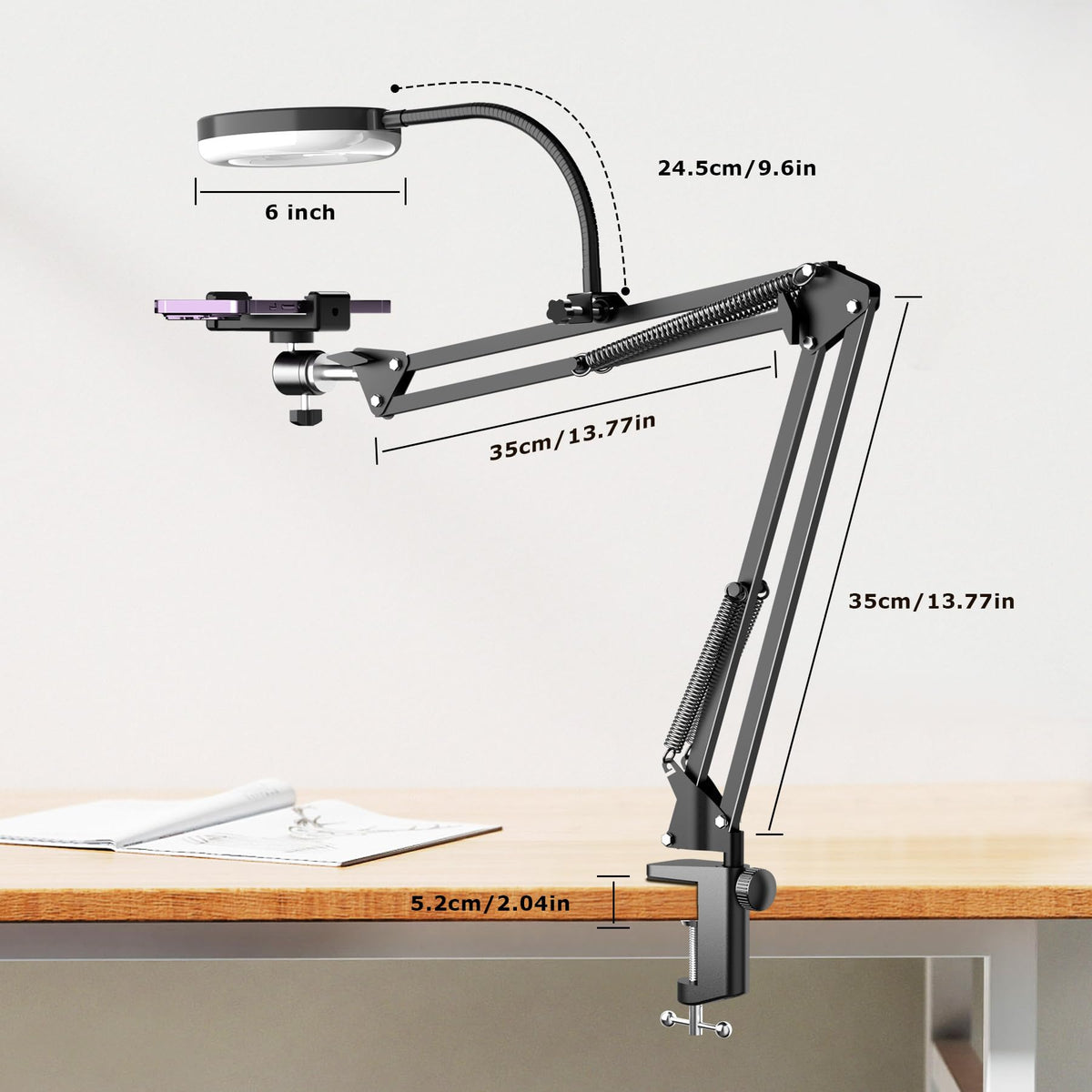 Overhead Camera Mount with Ring Light, Flexible Articulating Phone Arm Stand Compatible with iPhone, Logitech Webcam, Desk Tripod for YouTube Live Stream Cooking Nail Video Recording