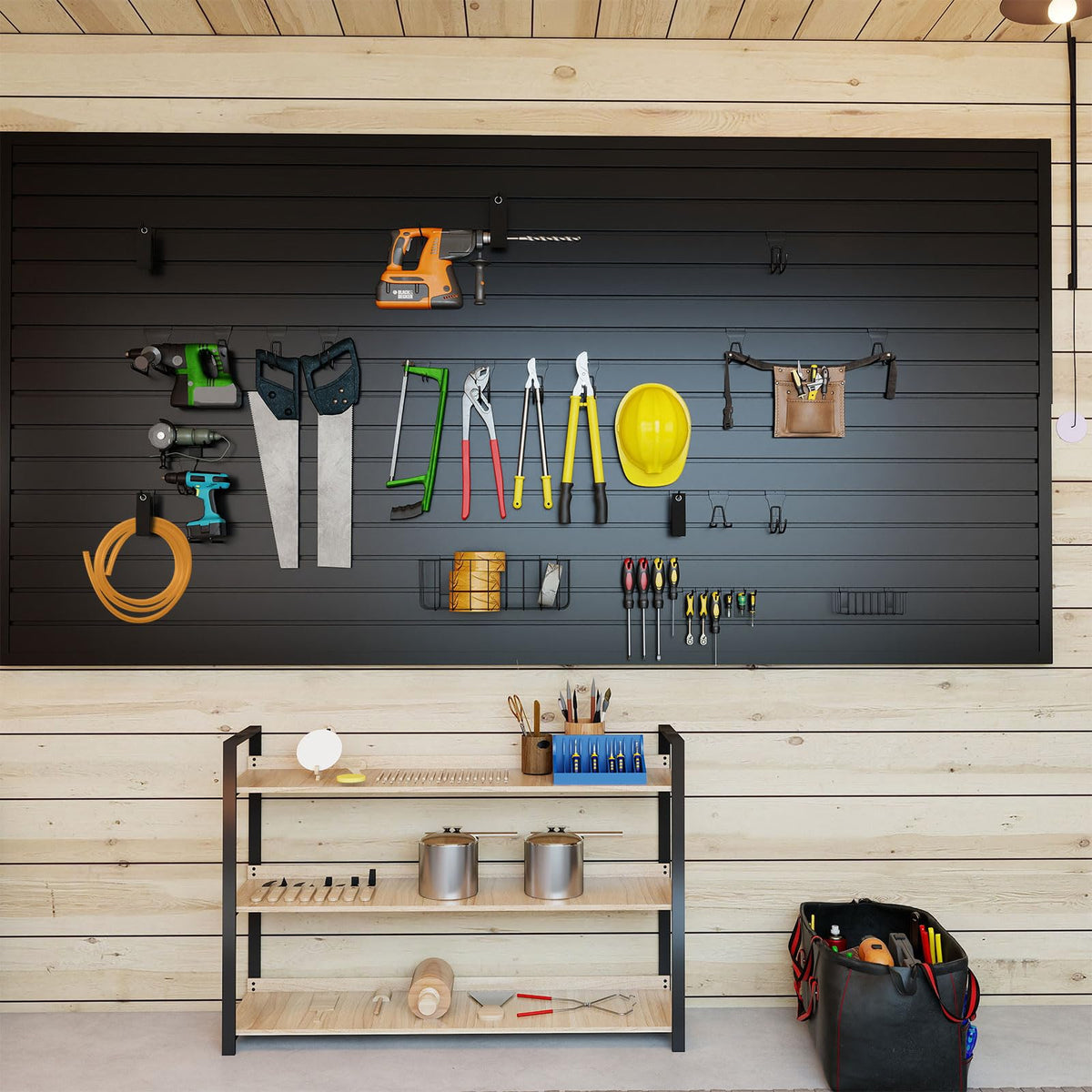 4'x8' PVC Slat Wall Paneling, High Load Capacity Slatwall Panel, Cuttable & Moisture-Proof & Flame Retardant, Heavy Duty Black Garage Slatwall Panes Storage Systems for Garage Workshop Storage