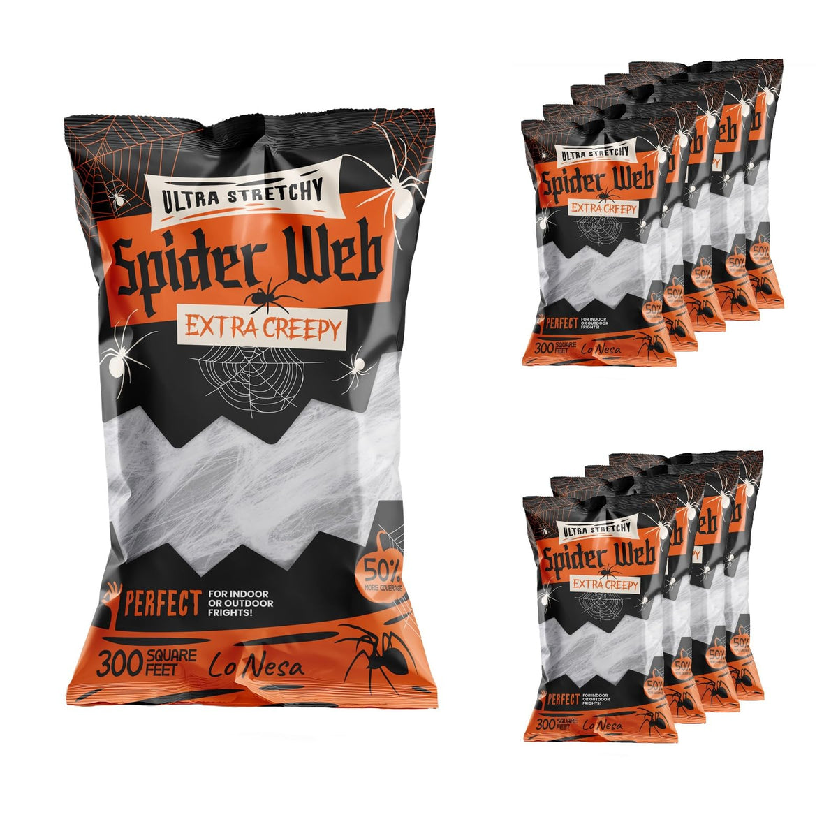 Ultra Stretchy Halloween Spider Web Decoration with Creepy Plastic Spiders, Indoor Outdoor Garden, 3,000 sq ft (10 Pks of 300 sq ft) (10)